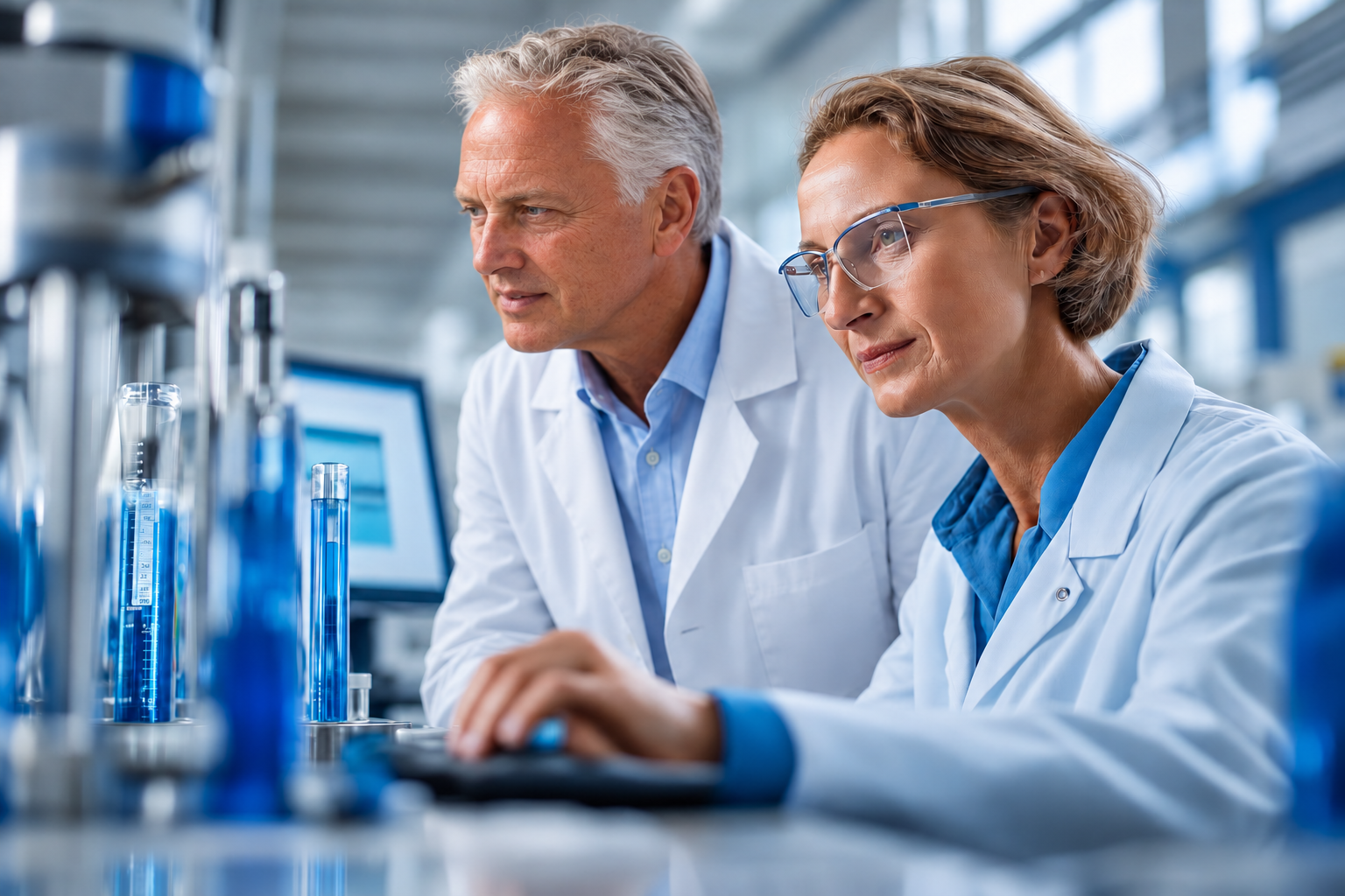 Michael Messany im weißen Labormantel neben einer Chemikerin am Laborarbeitsplatz