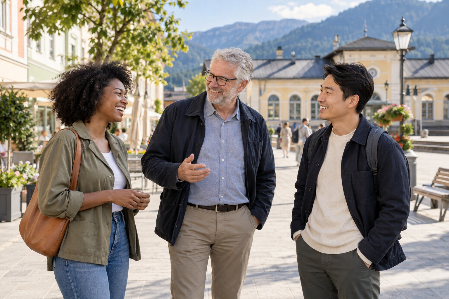 Symbolbild: Menschen im Gespräch auf einem österreichischen Ortsplatz